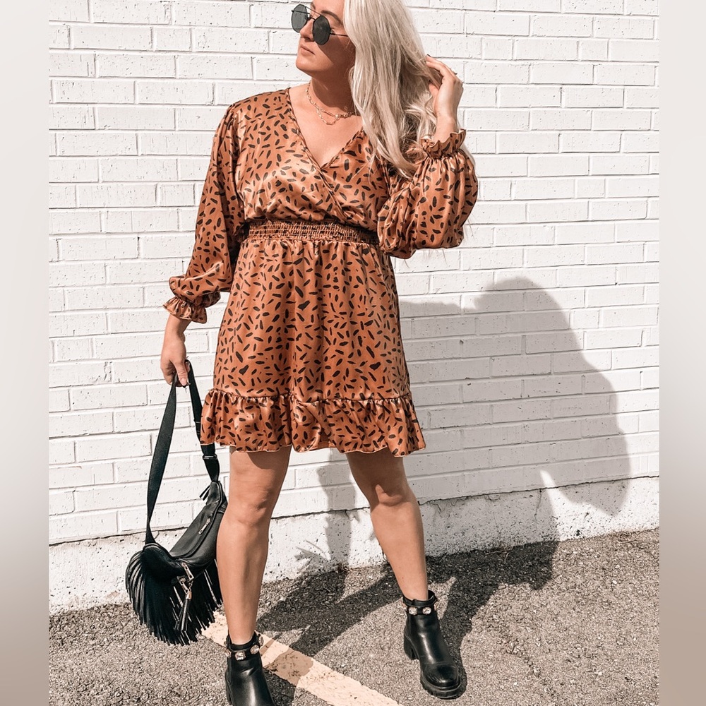 Satin Rust Brown Printed Wrap Mini Dress
